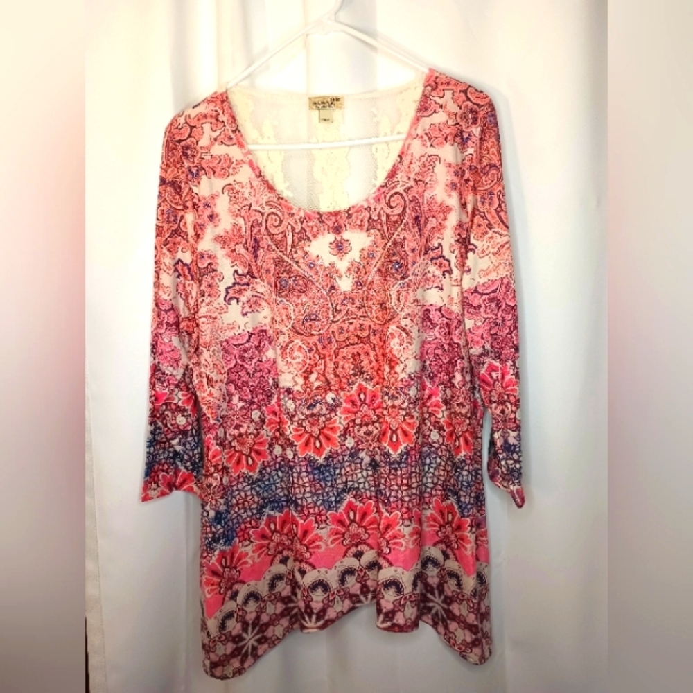 One World Womens 2X Asymmetric Boho Tunic Top Red Studded Lace Ornate Artsy